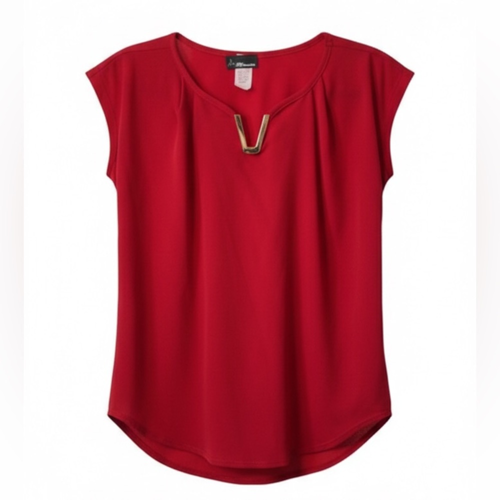 V-Neck Chiffon Cap Sleeve Blouse with Gold Hardware Detail - Size Medium